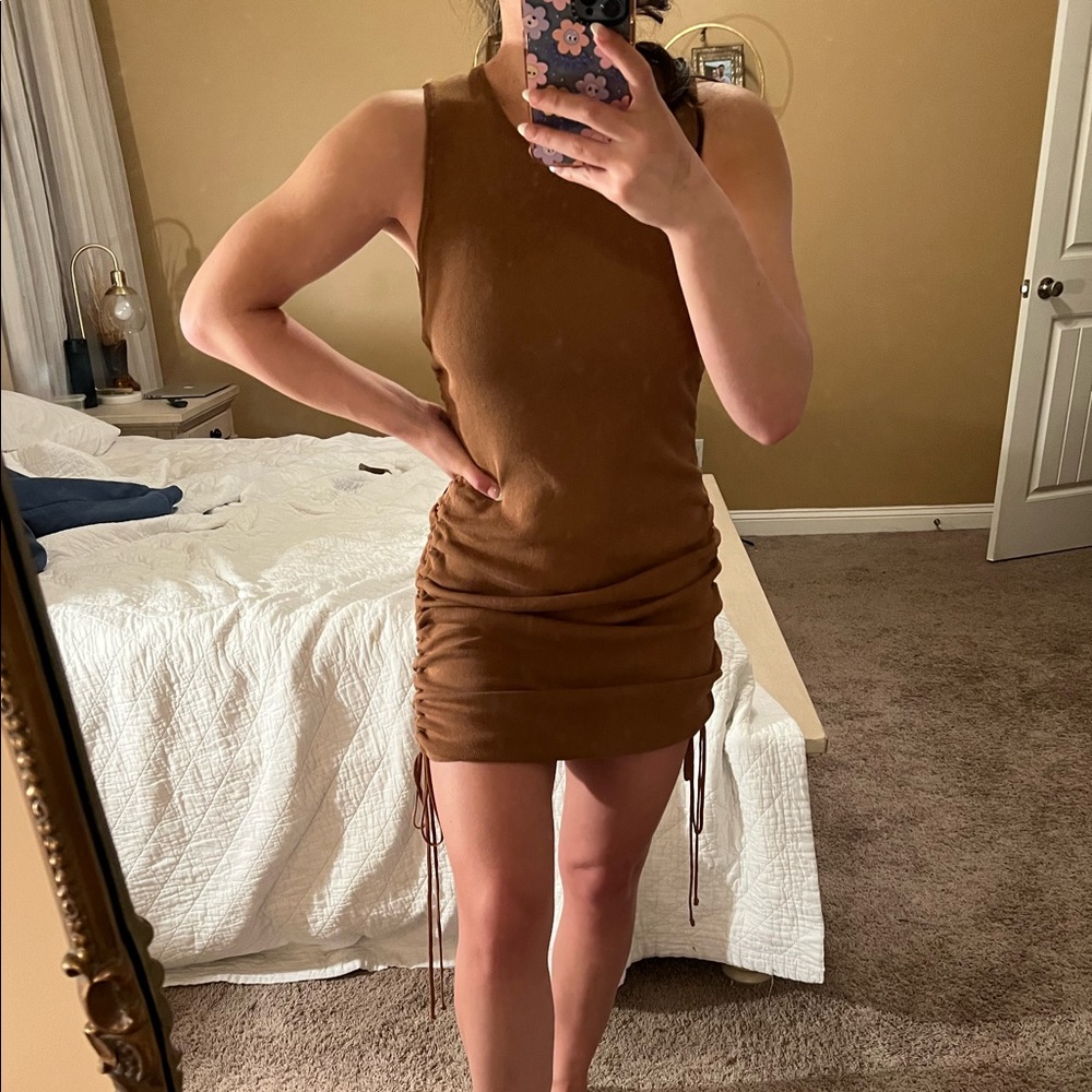 Brown Knitted Ruched Mini Dress With Adjustable Side Ties